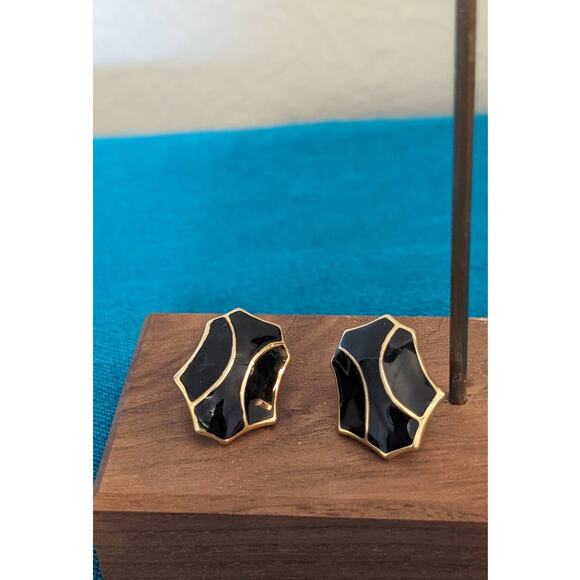 Monet Vintage Black Enamel Gold Tone Post Earrings - Picture 2 of 7